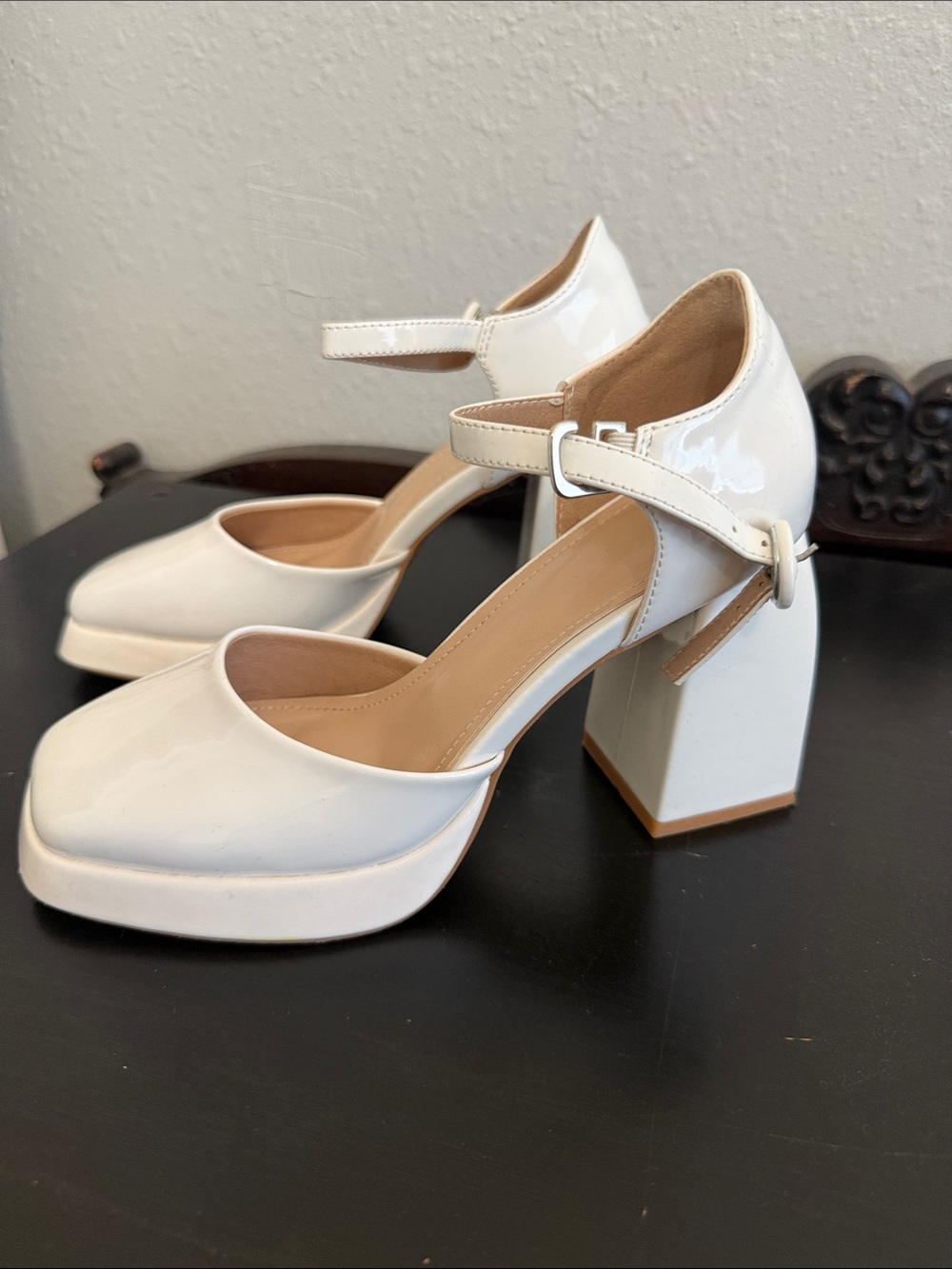 White Patent Mary Jane Block Heel Pumps